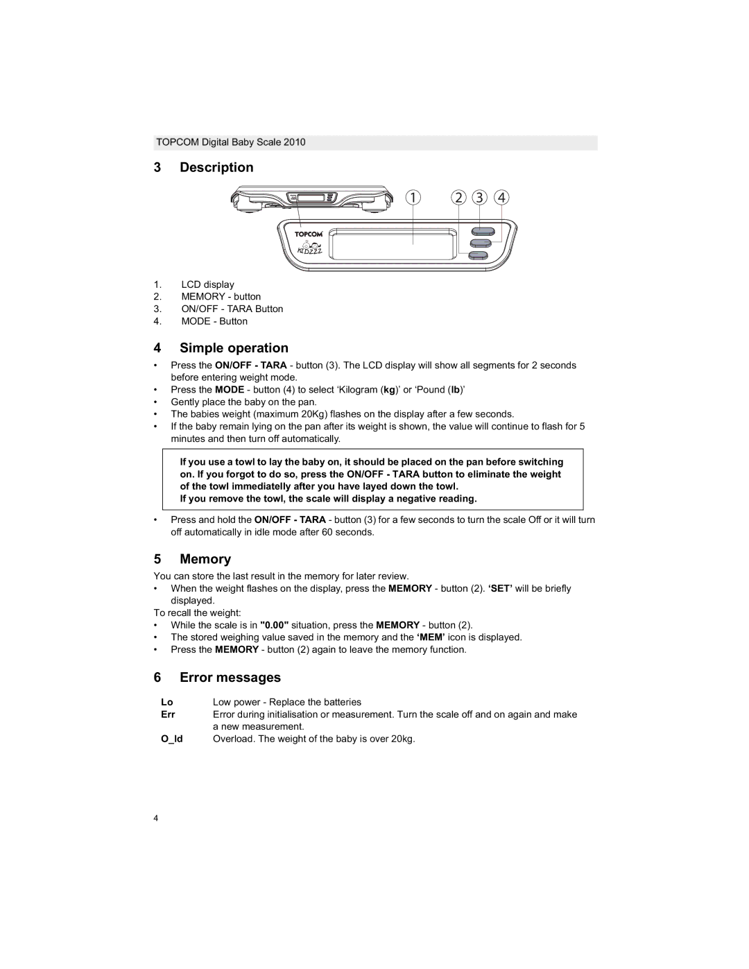 Topcom 2010 manual do utilizador Description, Simple operation, Memory, Error messages 