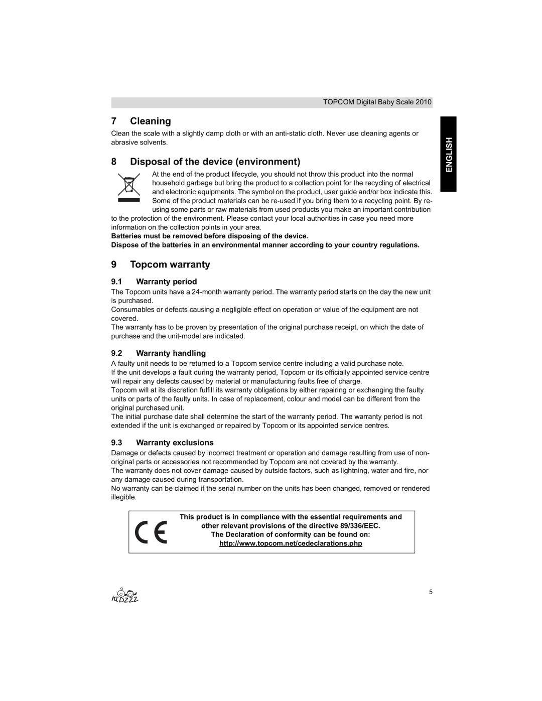 Topcom 2010 manual do utilizador Cleaning, Disposal of the device environment, Topcom warranty 