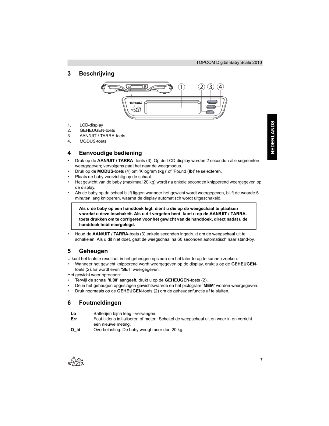 Topcom 2010 manual do utilizador Beschrijving, Eenvoudige bediening, Geheugen, Foutmeldingen 