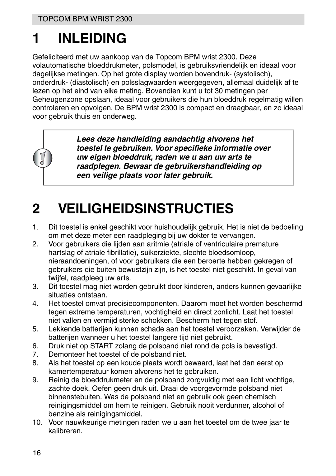 Topcom 2300 manual Inleiding, Veiligheidsinstructies 