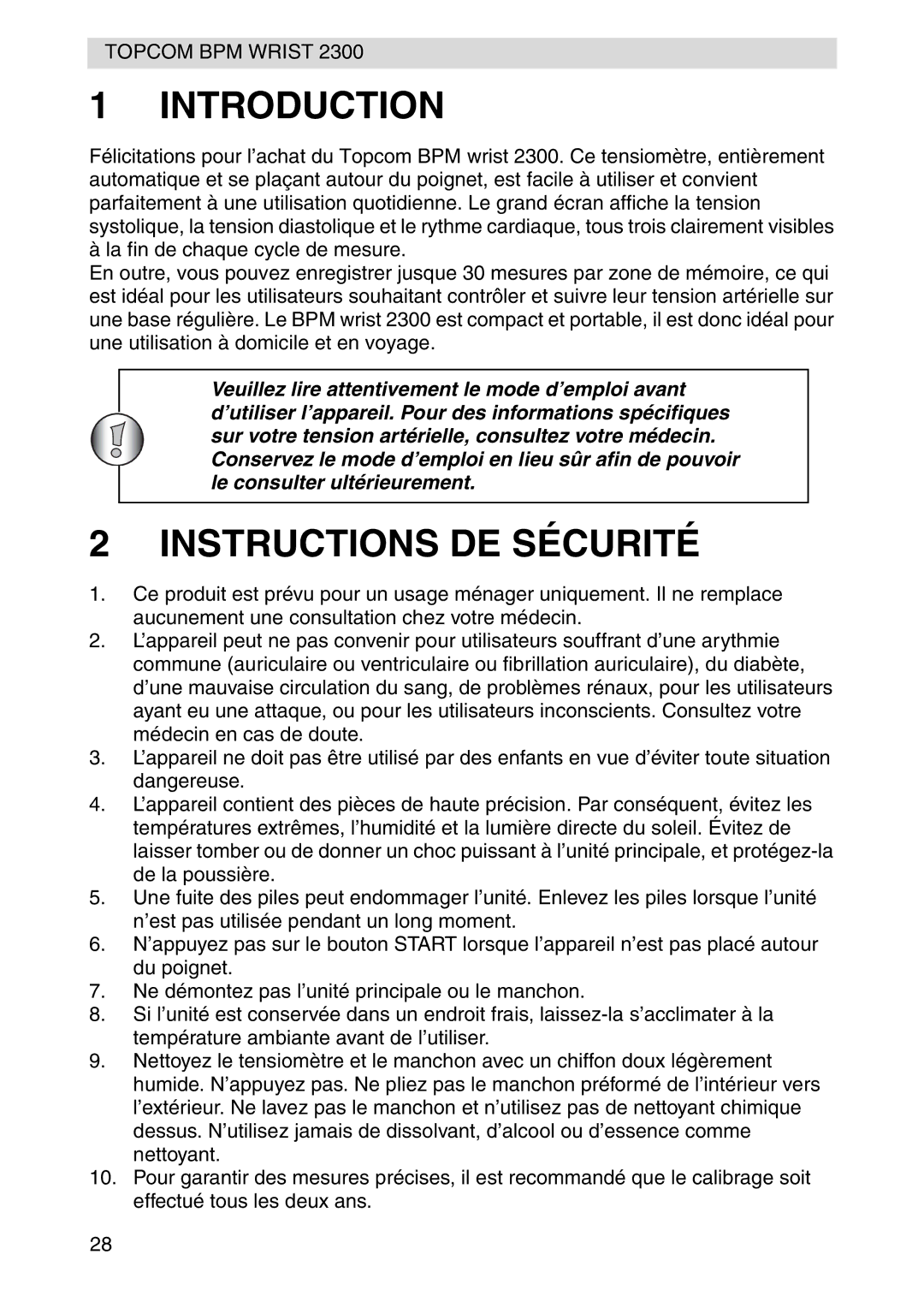 Topcom 2300 manual Introduction, Instructions DE Sécurité 