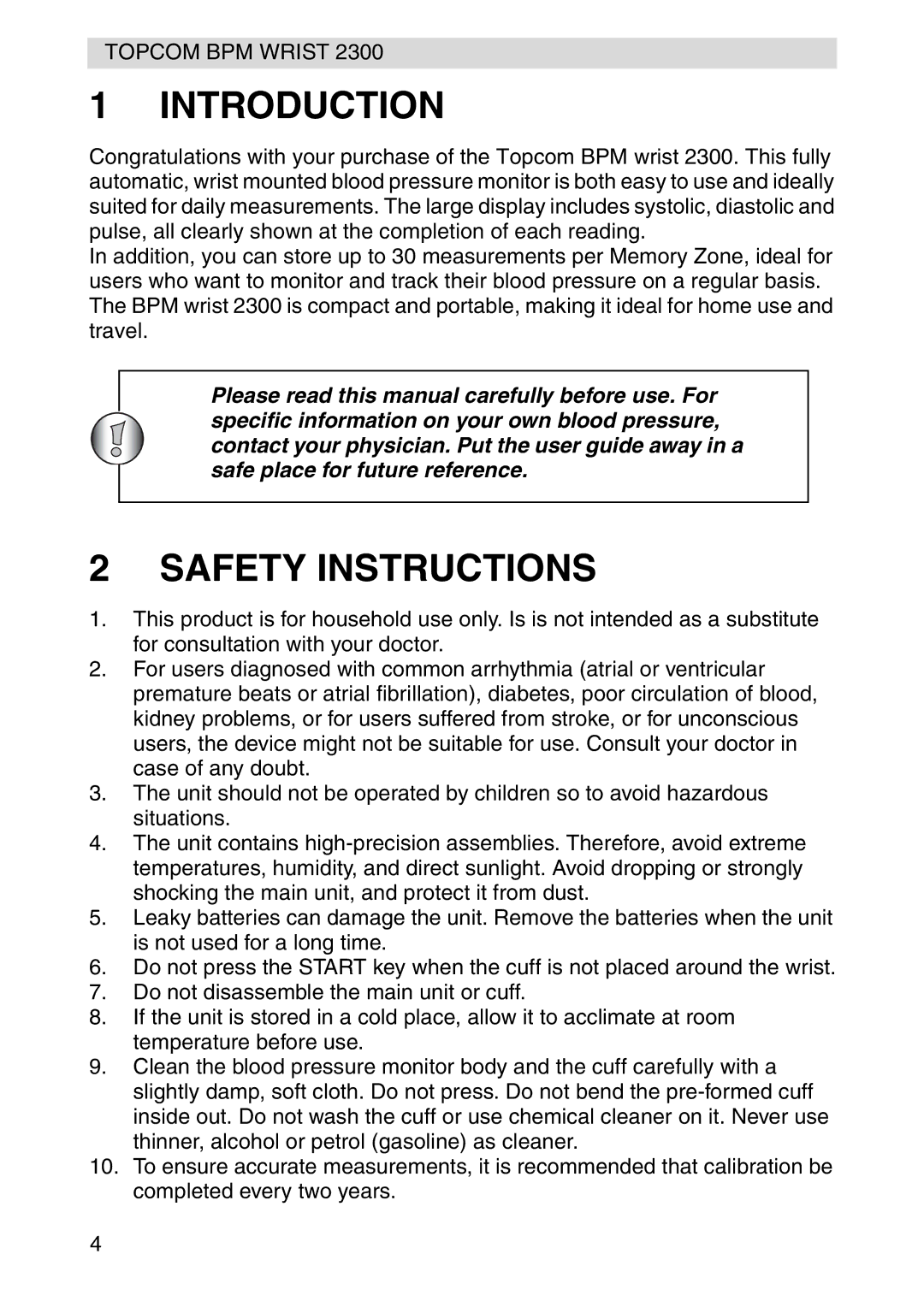 Topcom 2300 manual Introduction, Safety Instructions 