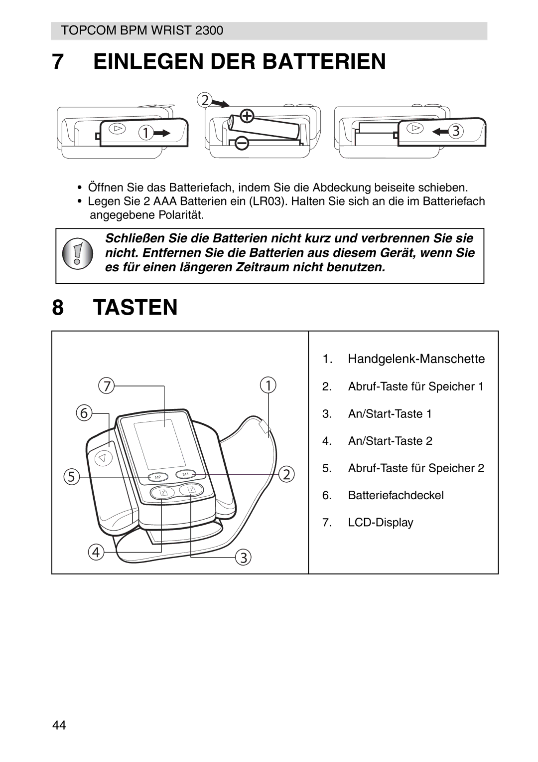 Topcom 2300 manual Einlegen DER Batterien, Tasten 