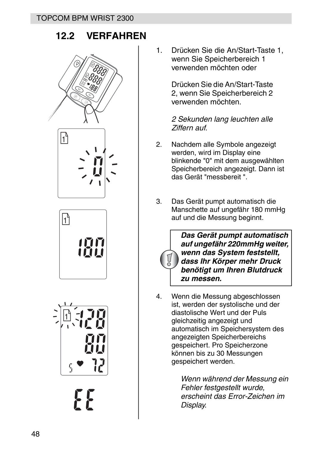 Topcom 2300 manual Verfahren, Sekunden lang leuchten alle Ziffern auf 