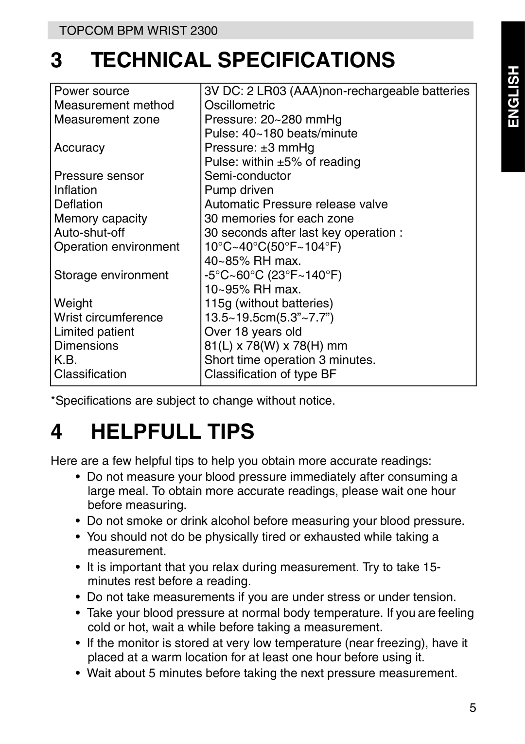 Topcom 2300 manual Technical Specifications, Helpfull Tips 