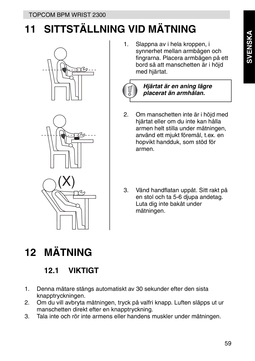 Topcom 2300 manual Sittställning VID Mätning, 12 Mätning, Viktigt 