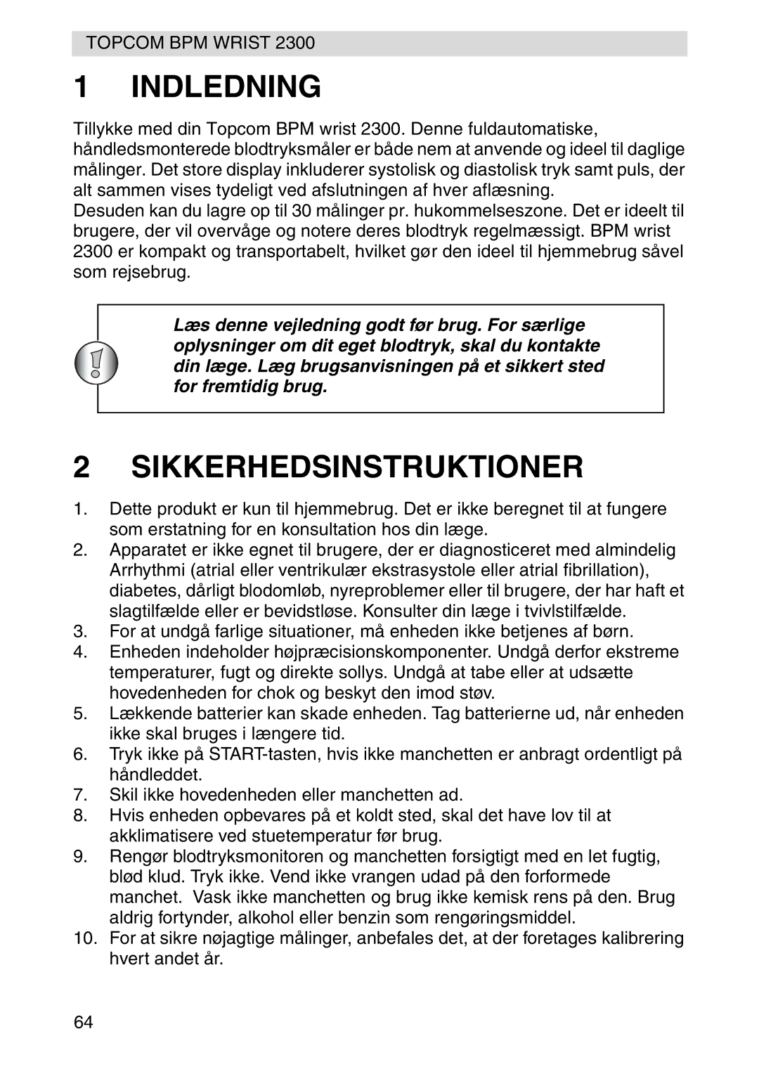 Topcom 2300 manual Indledning, Sikkerhedsinstruktioner 