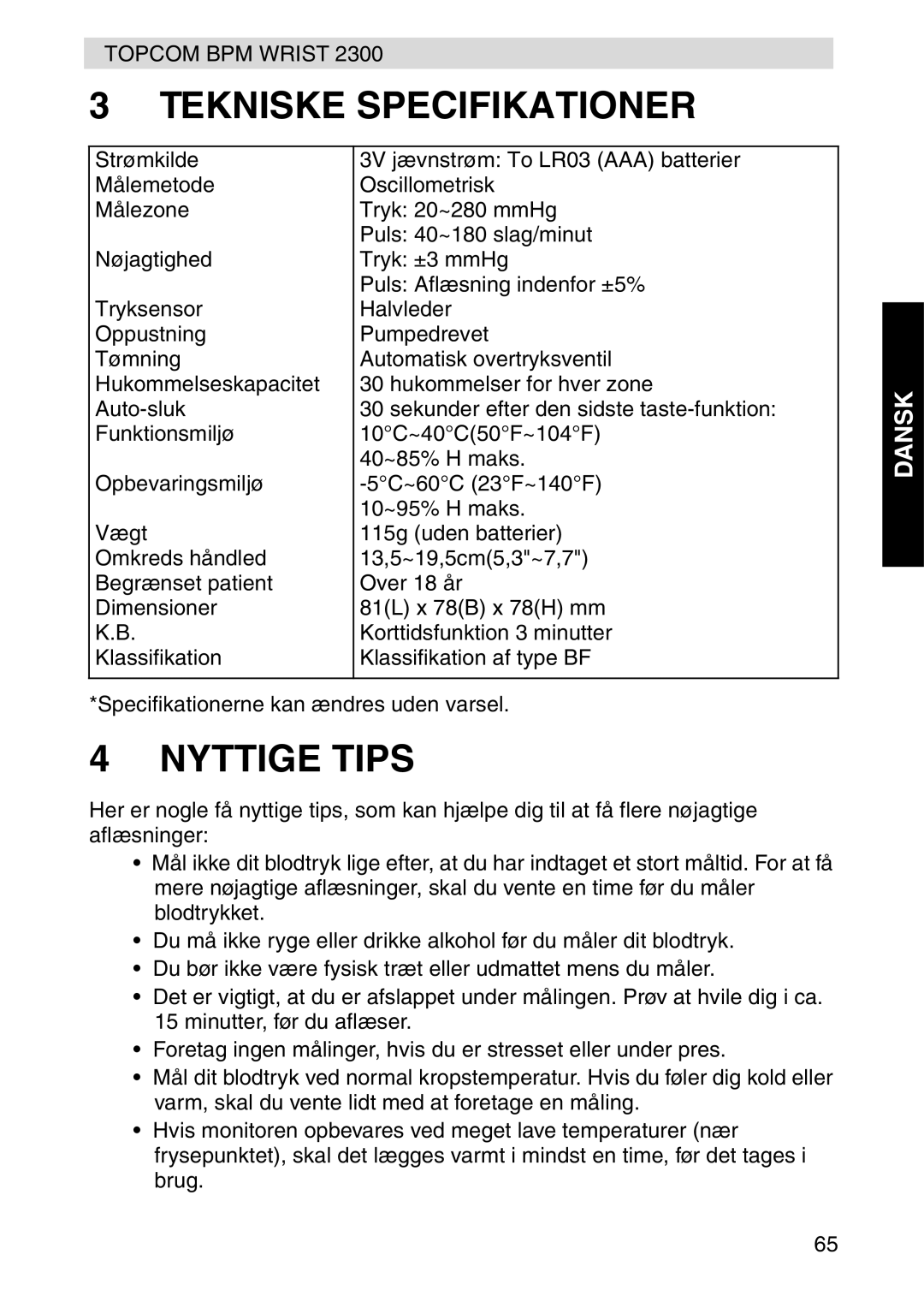 Topcom 2300 manual Tekniske Specifikationer, Nyttige Tips 