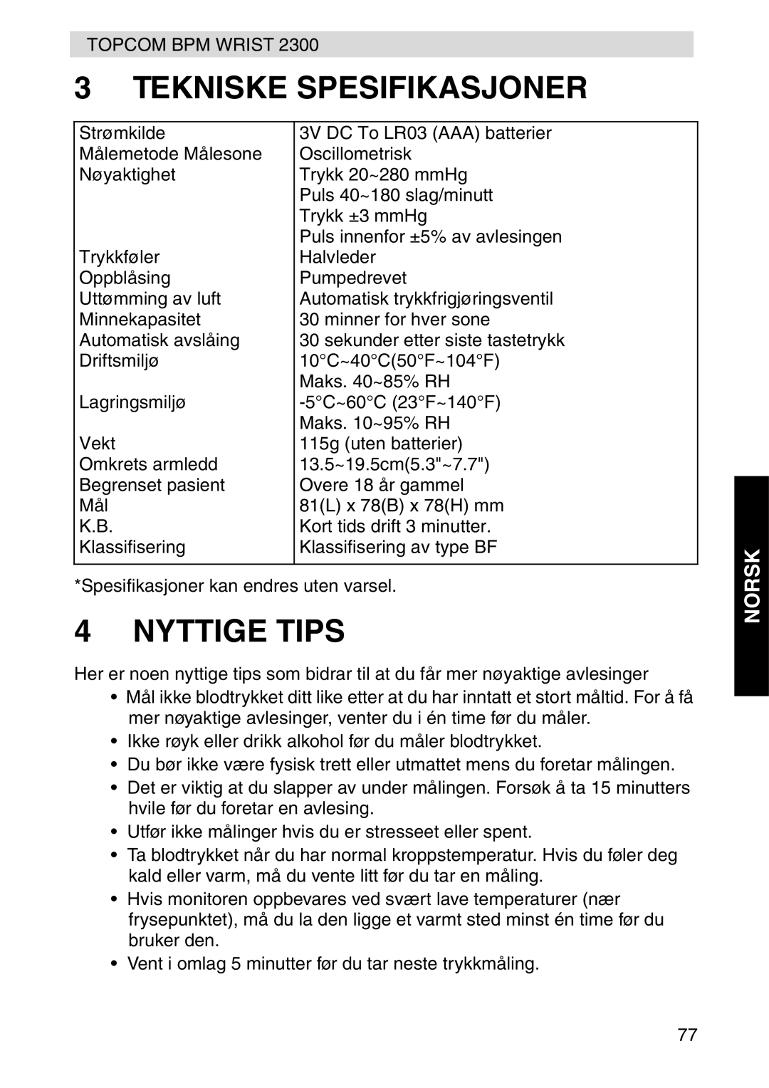 Topcom 2300 manual Tekniske Spesifikasjoner, Nyttige Tips 