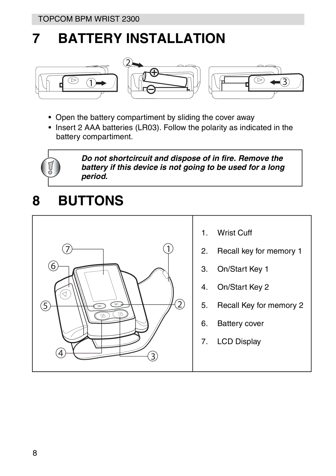 Topcom 2300 manual Battery Installation, Buttons 