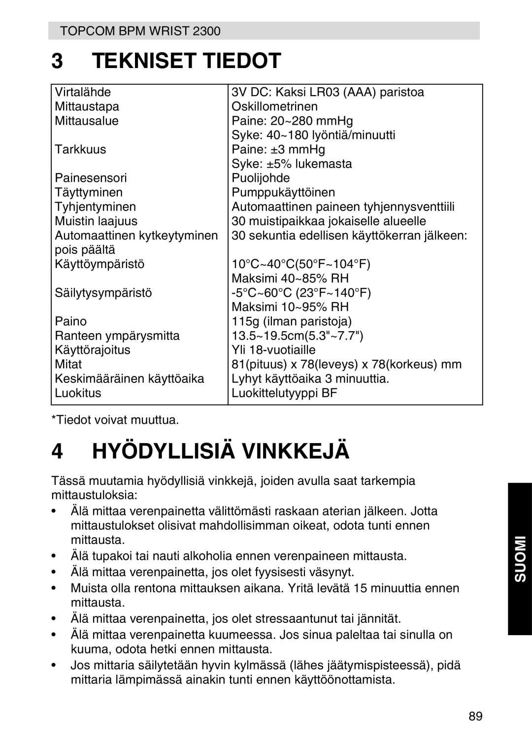 Topcom 2300 manual Tekniset Tiedot, Hyödyllisiä Vinkkejä 