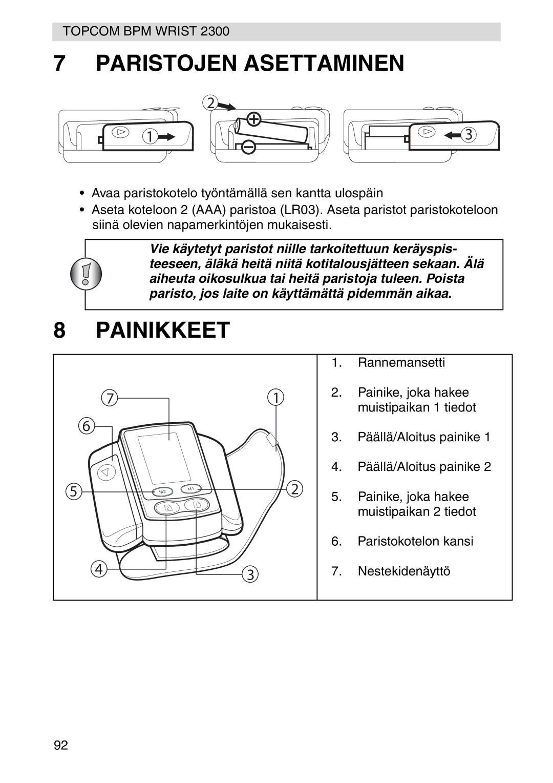 Topcom 2300 manual Paristojen Asettaminen, Painikkeet 