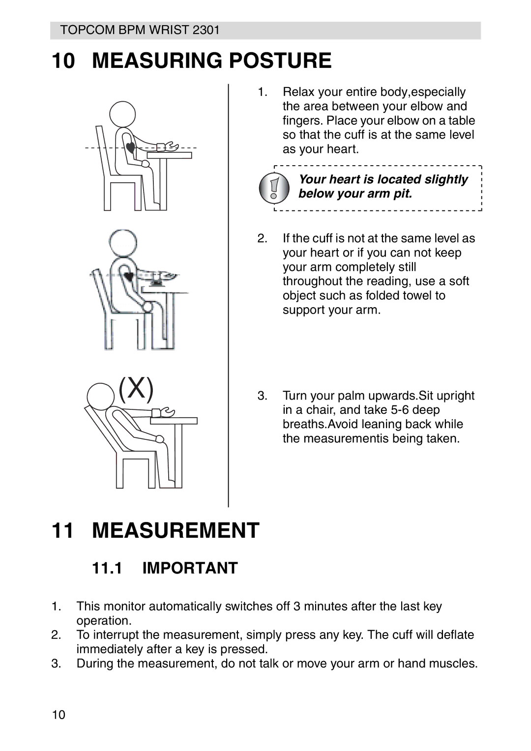 Topcom 2301 manual Measuring Posture, Measurement 