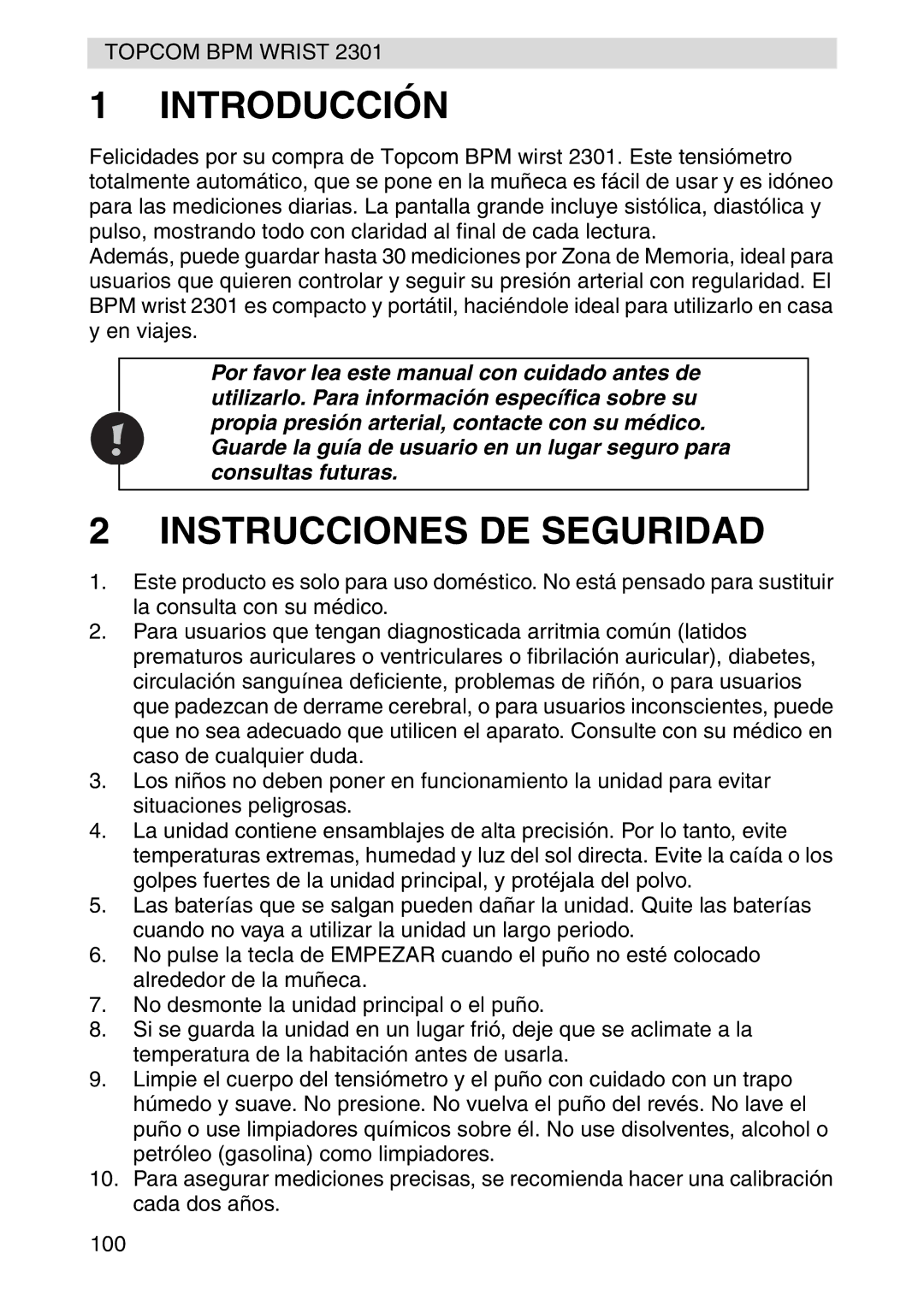 Topcom 2301 manual Introducción, Instrucciones DE Seguridad 