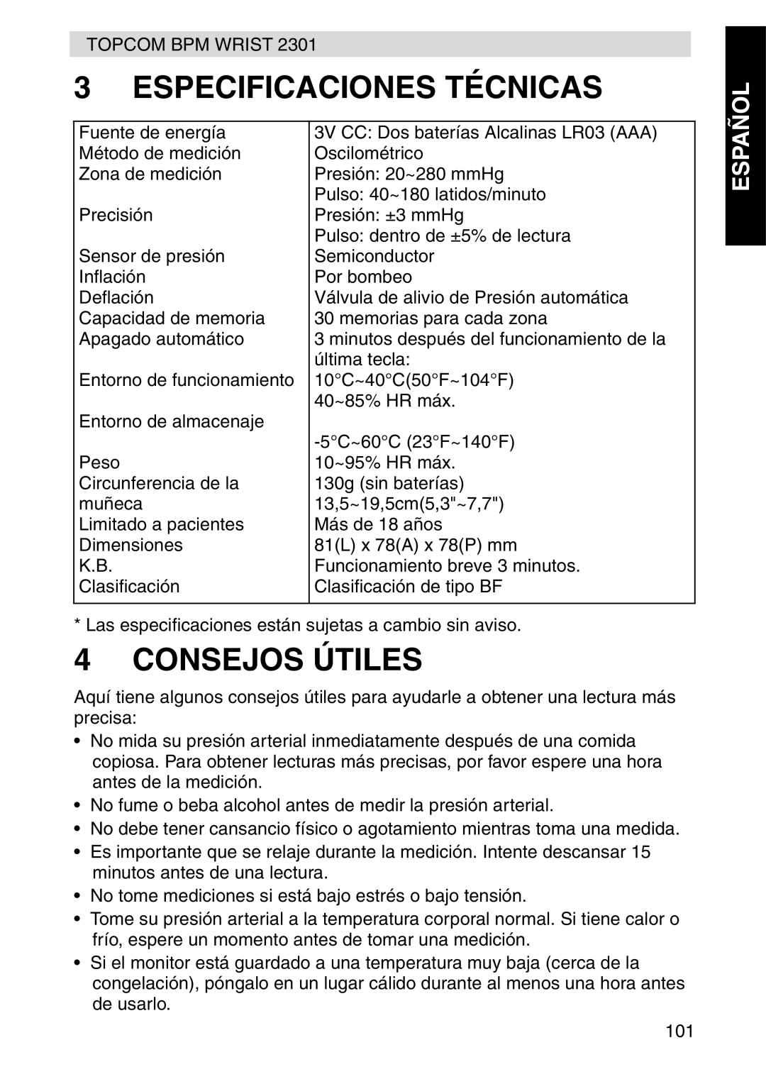 Topcom 2301 manual Especificaciones Técnicas, Consejos Útiles 