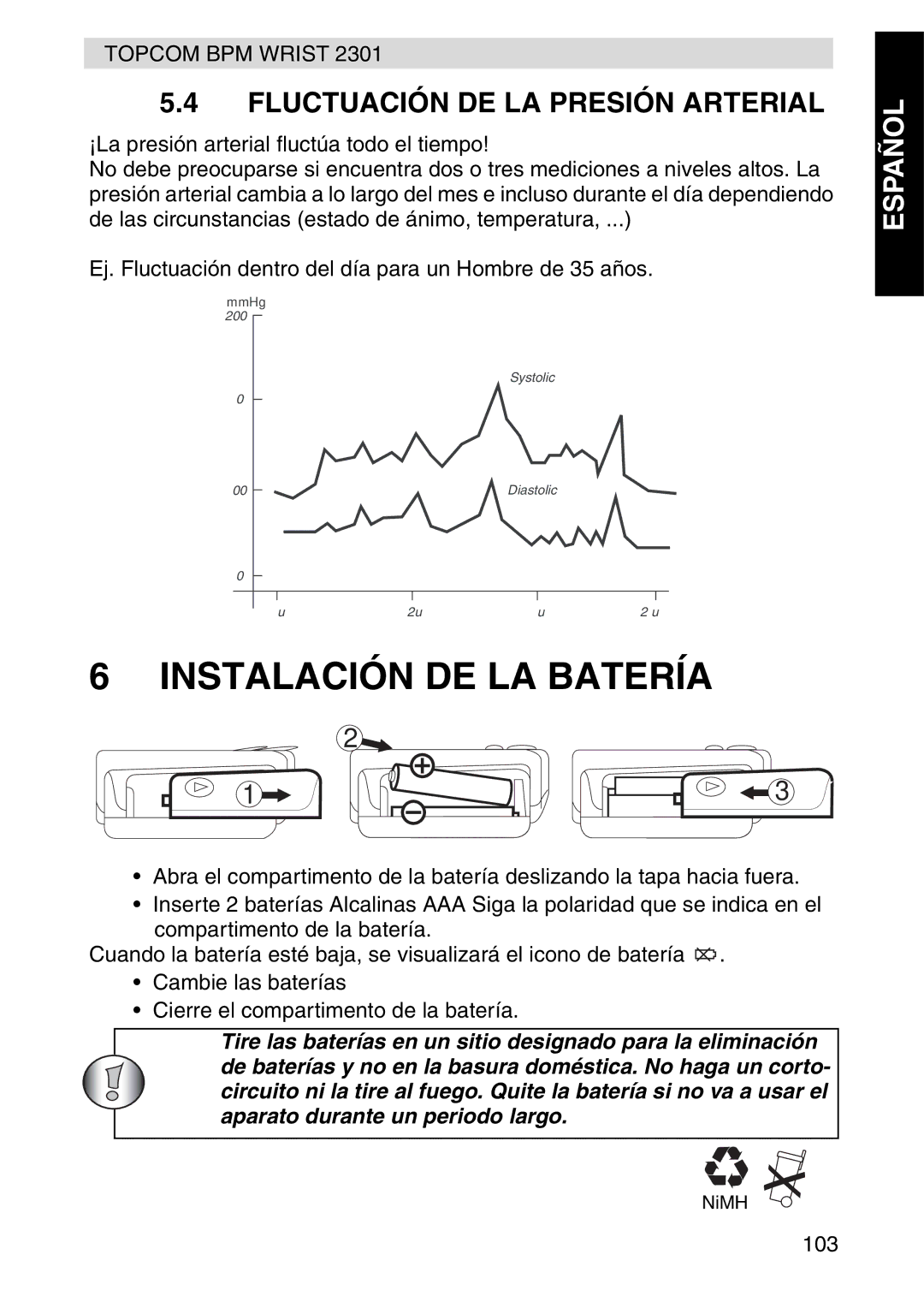 Topcom 2301 manual Instalación DE LA Batería, Fluctuación DE LA Presión Arterial 