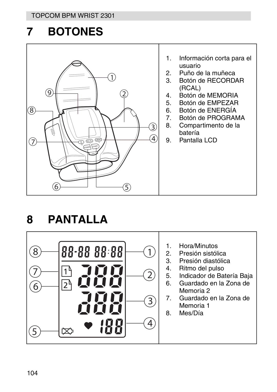 Topcom 2301 manual Botones, Pantalla 