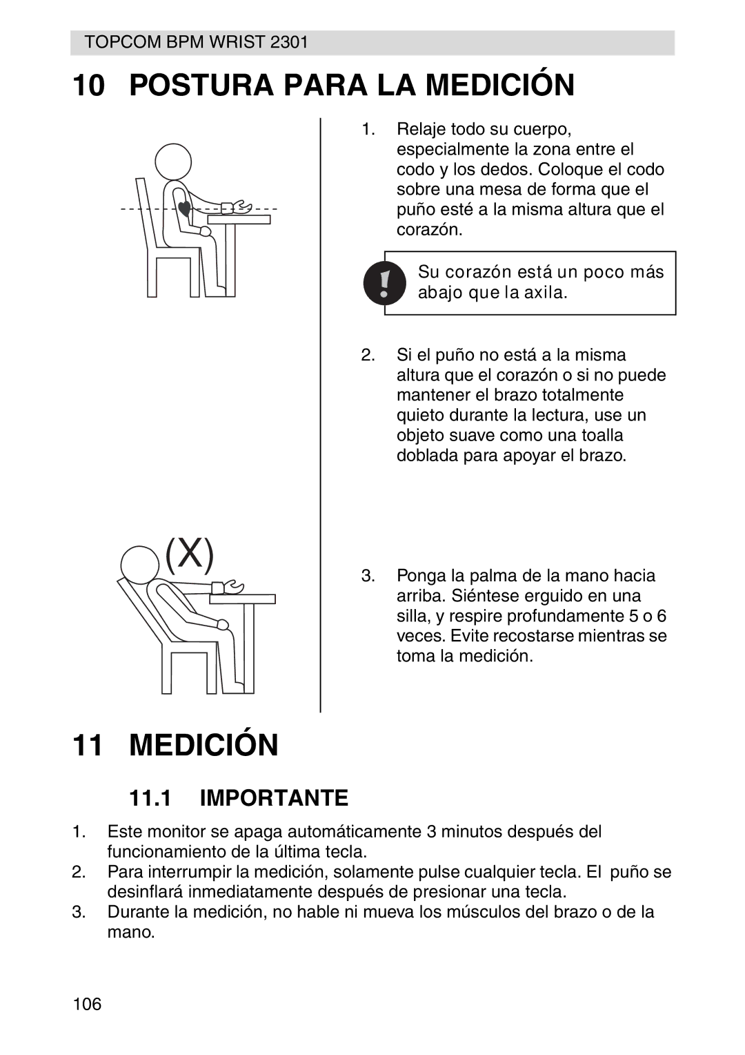 Topcom 2301 manual Postura Para LA Medición, Importante 