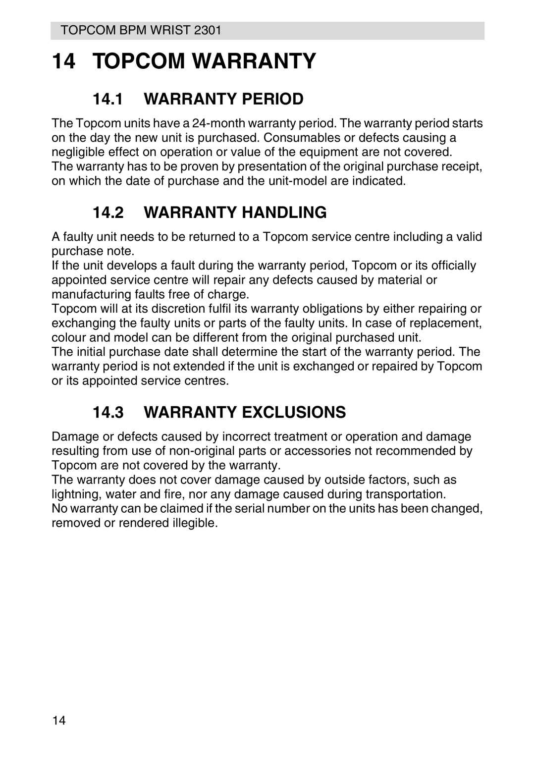 Topcom 2301 manual Topcom Warranty, Warranty Period, Warranty Handling, Warranty Exclusions 