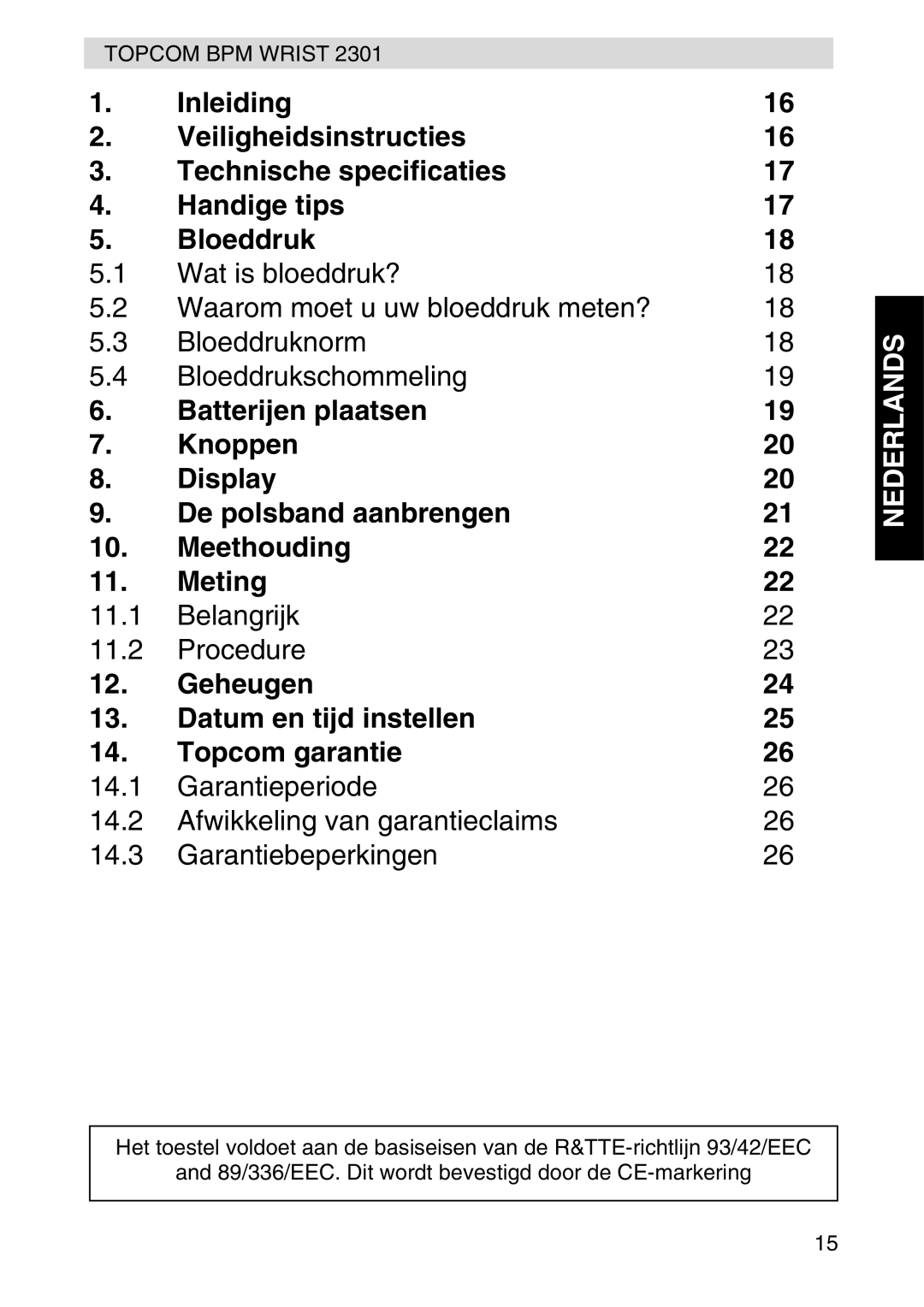 Topcom 2301 manual Geheugen Datum en tijd instellen Topcom garantie 