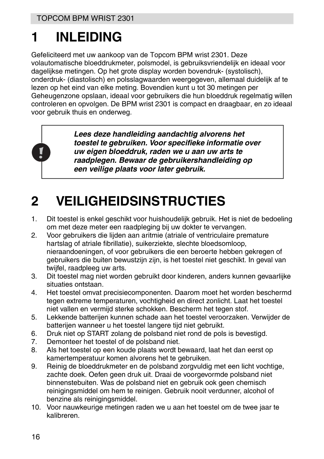 Topcom 2301 manual Inleiding, Veiligheidsinstructies 