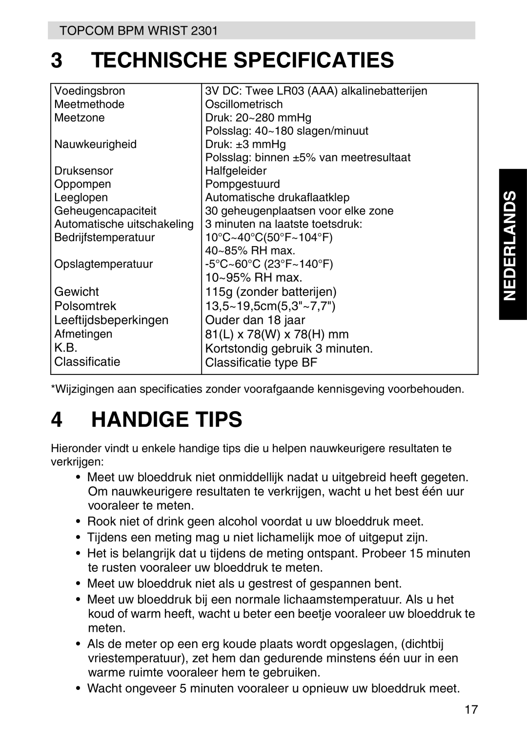 Topcom 2301 manual Technische Specificaties, Handige Tips 