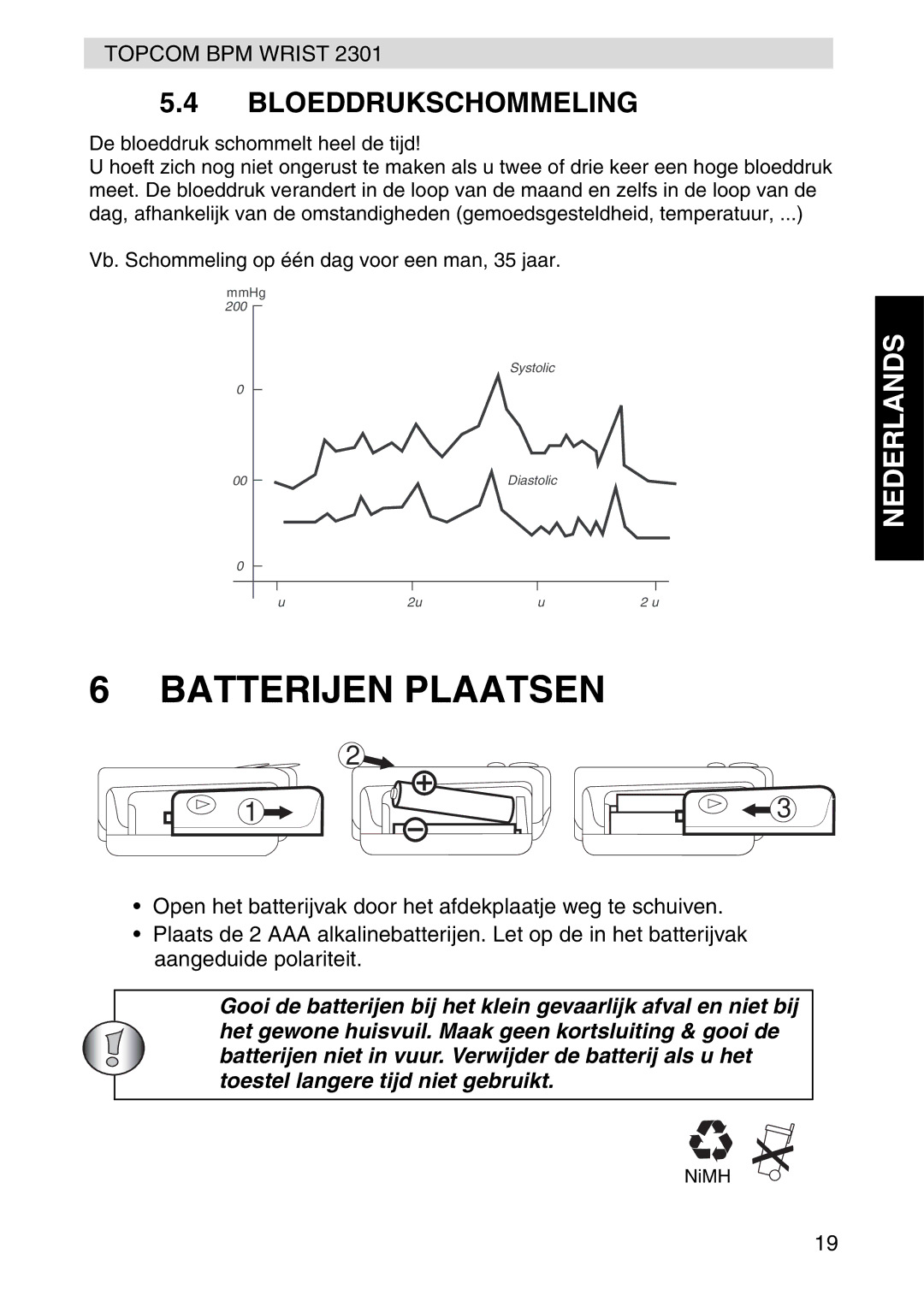 Topcom 2301 manual Batterijen Plaatsen, Bloeddrukschommeling 