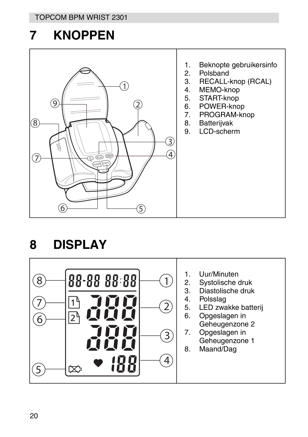 Topcom 2301 manual Knoppen, Display 