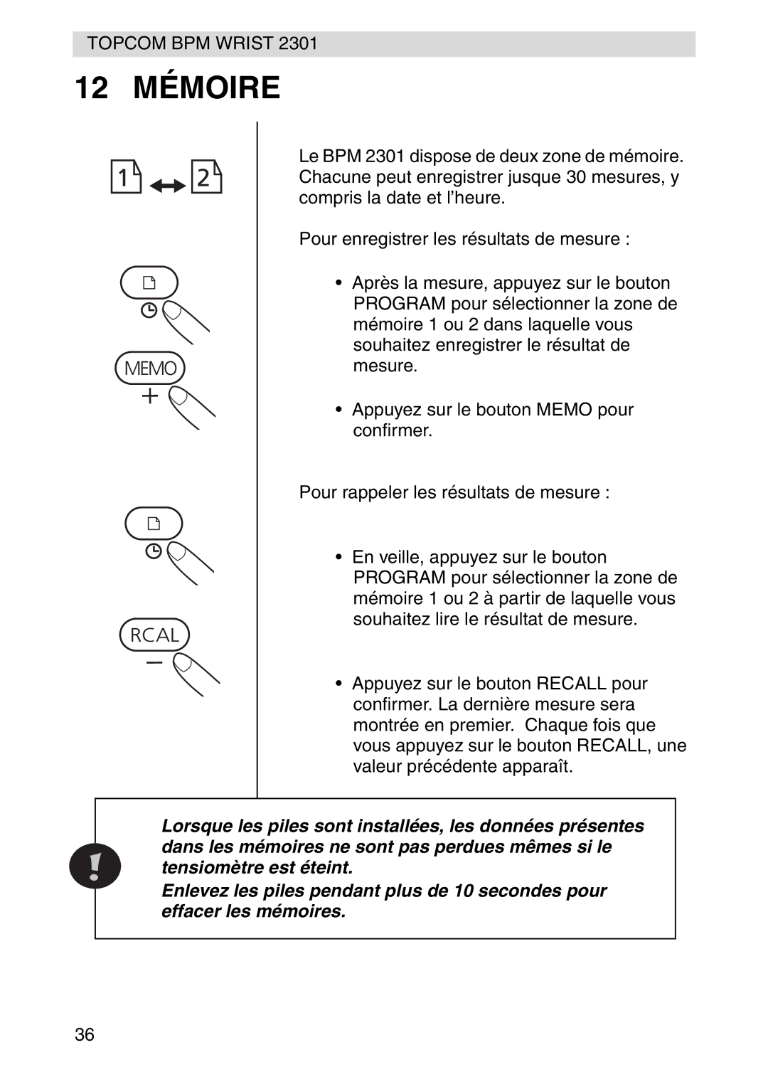 Topcom 2301 manual 12 Mémoire 