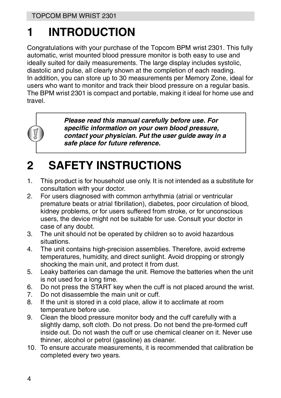 Topcom 2301 manual Introduction, Safety Instructions 