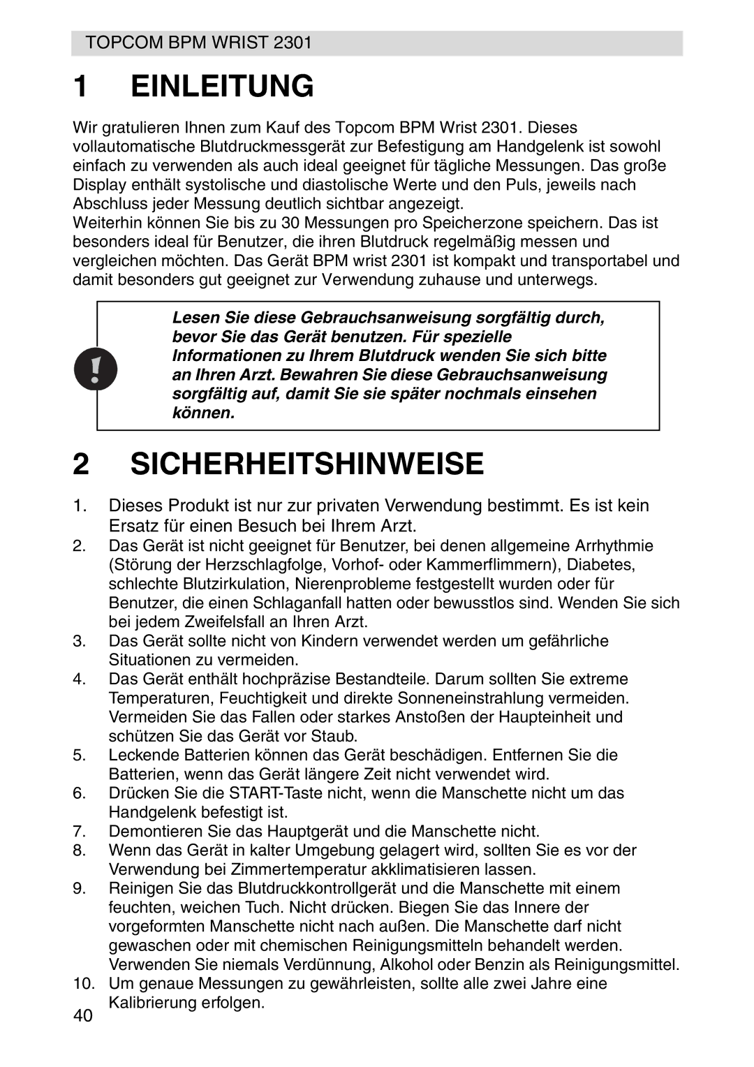 Topcom 2301 manual Einleitung, Sicherheitshinweise 