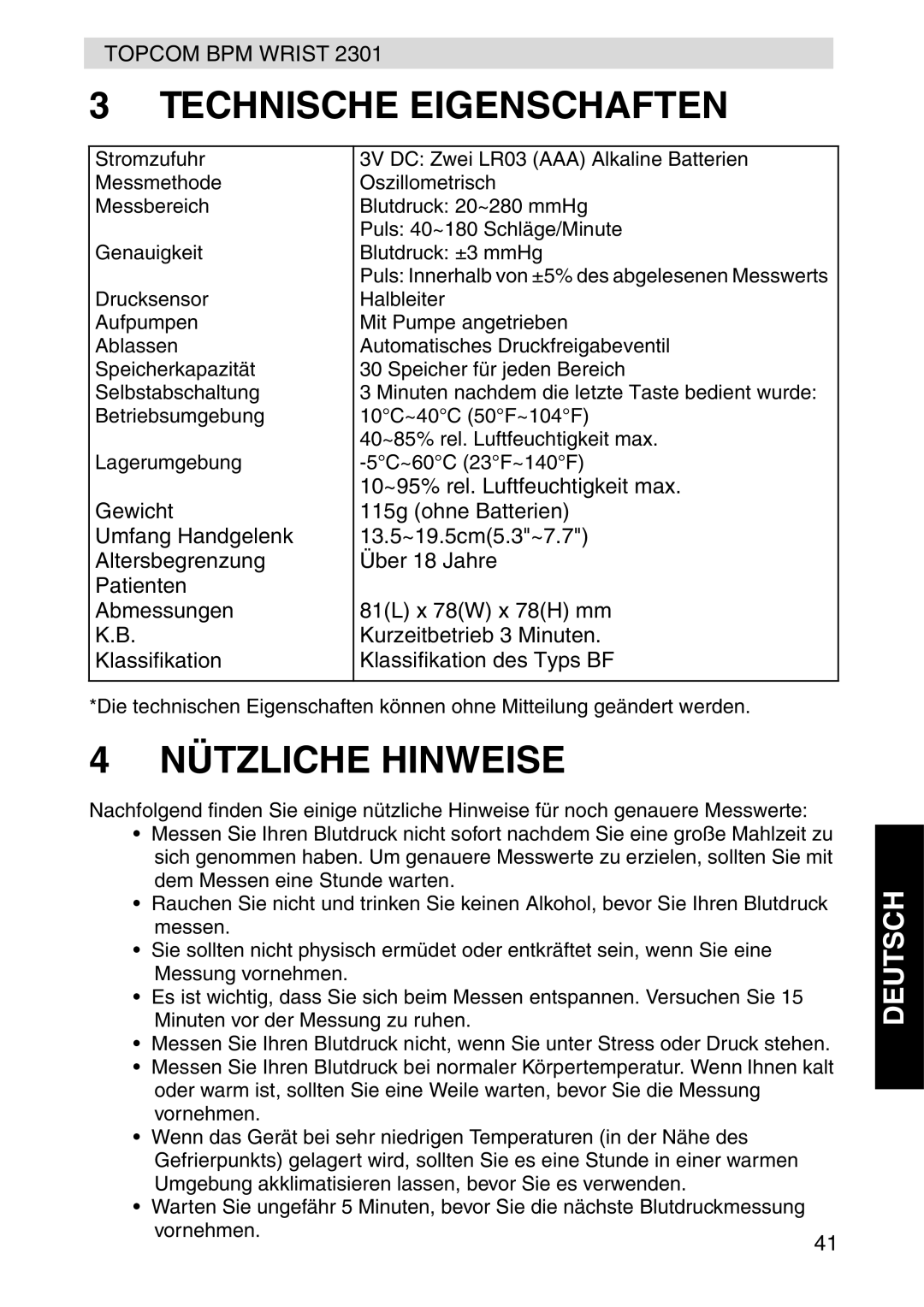 Topcom 2301 manual Technische Eigenschaften, Nützliche Hinweise 