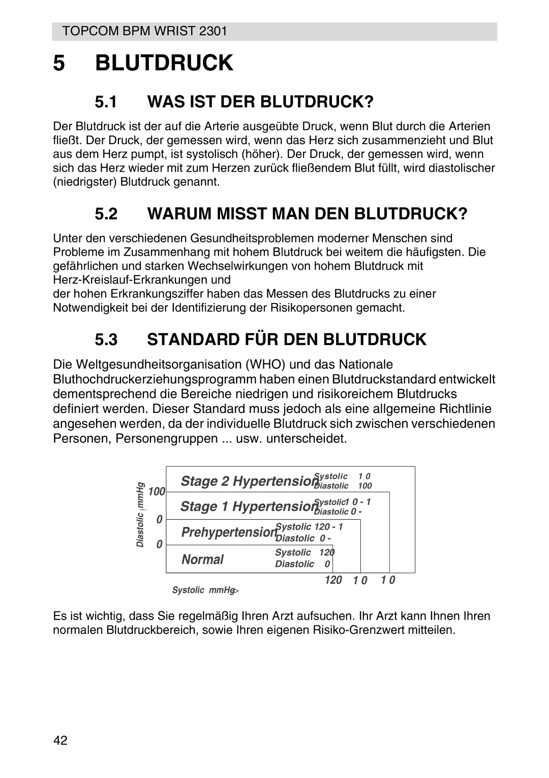 Topcom 2301 manual Was Ist Der Blutdruck?, Warum Misst MAN DEN BLUTDRUCK?, Standard FÜR DEN Blutdruck 