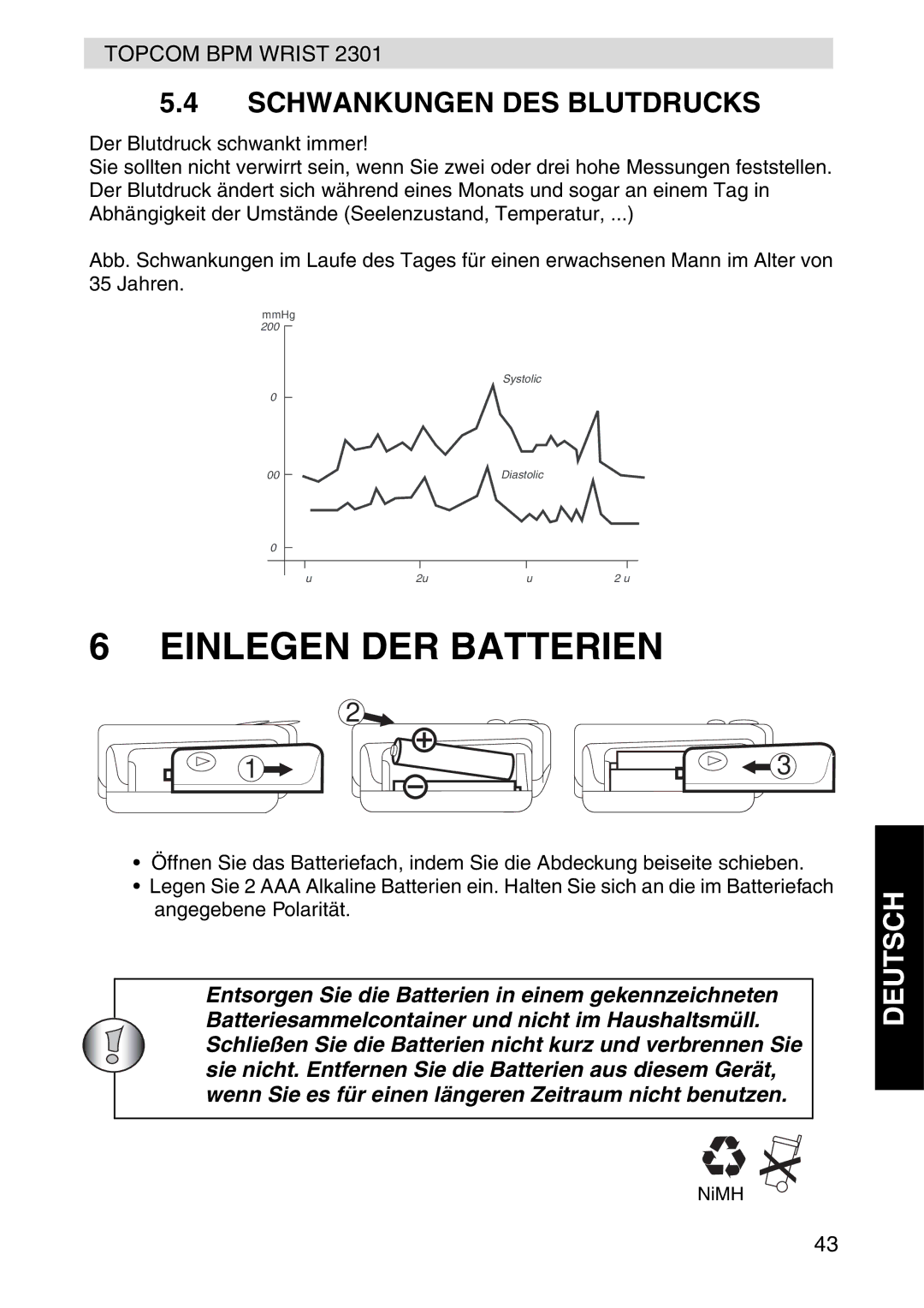 Topcom 2301 manual Einlegen DER Batterien, Schwankungen DES Blutdrucks 