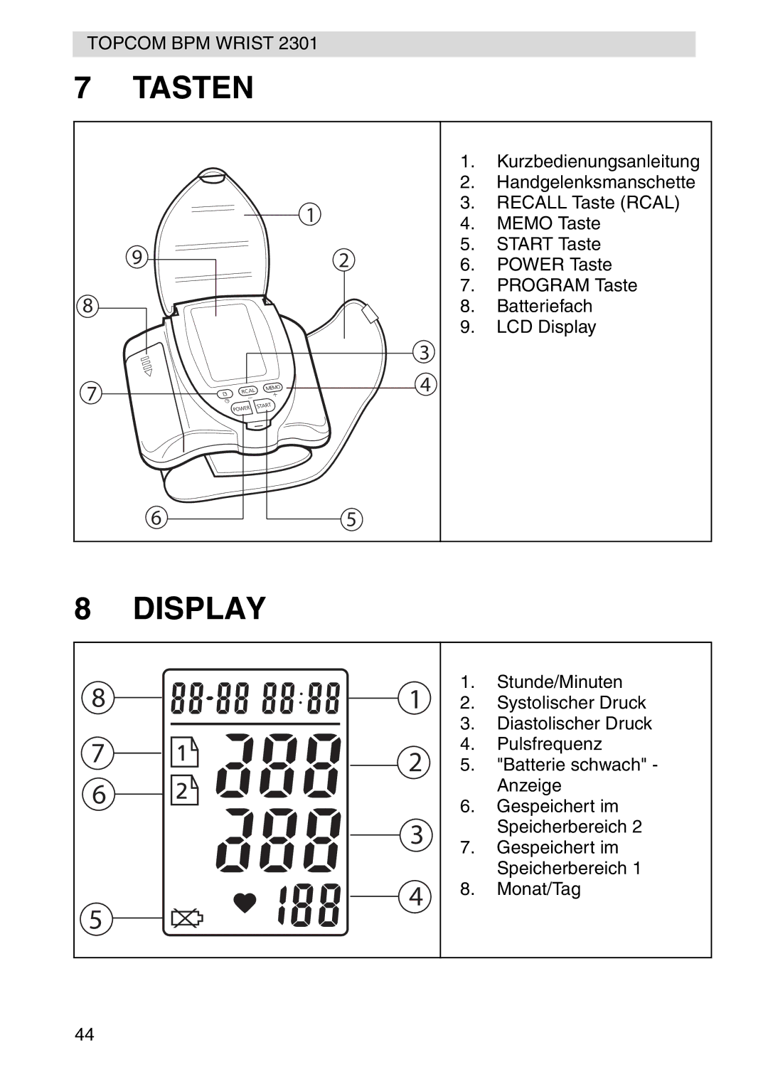 Topcom 2301 manual Tasten, Display 