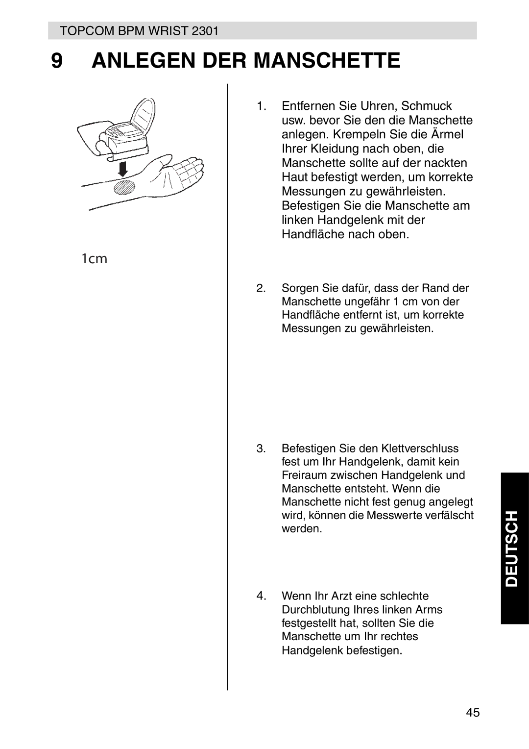 Topcom 2301 manual Anlegen DER Manschette 