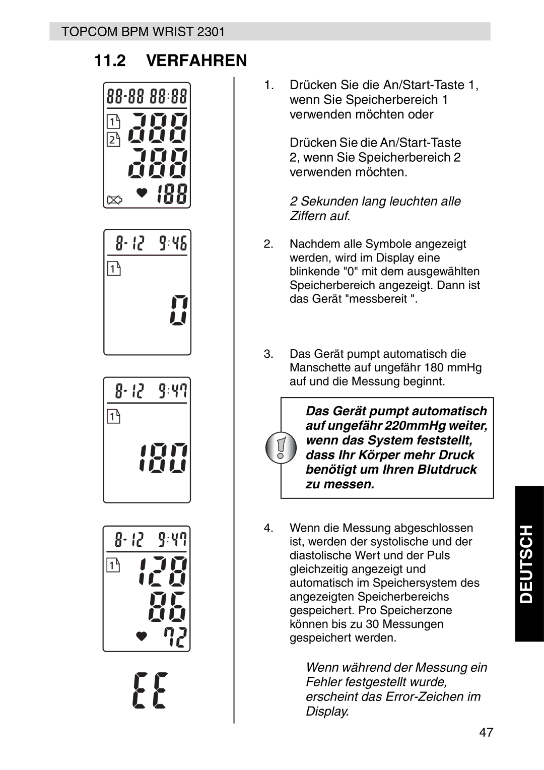 Topcom 2301 manual Verfahren, Sekunden lang leuchten alle Ziffern auf 