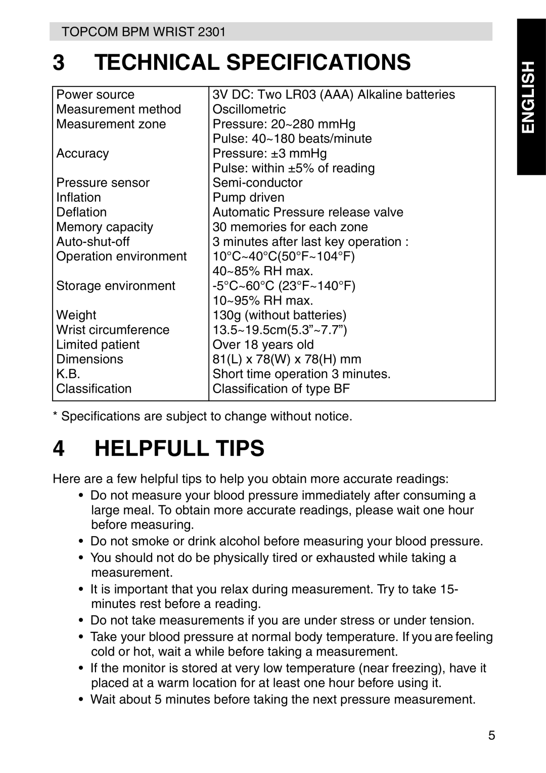 Topcom 2301 manual Technical Specifications, Helpfull Tips 