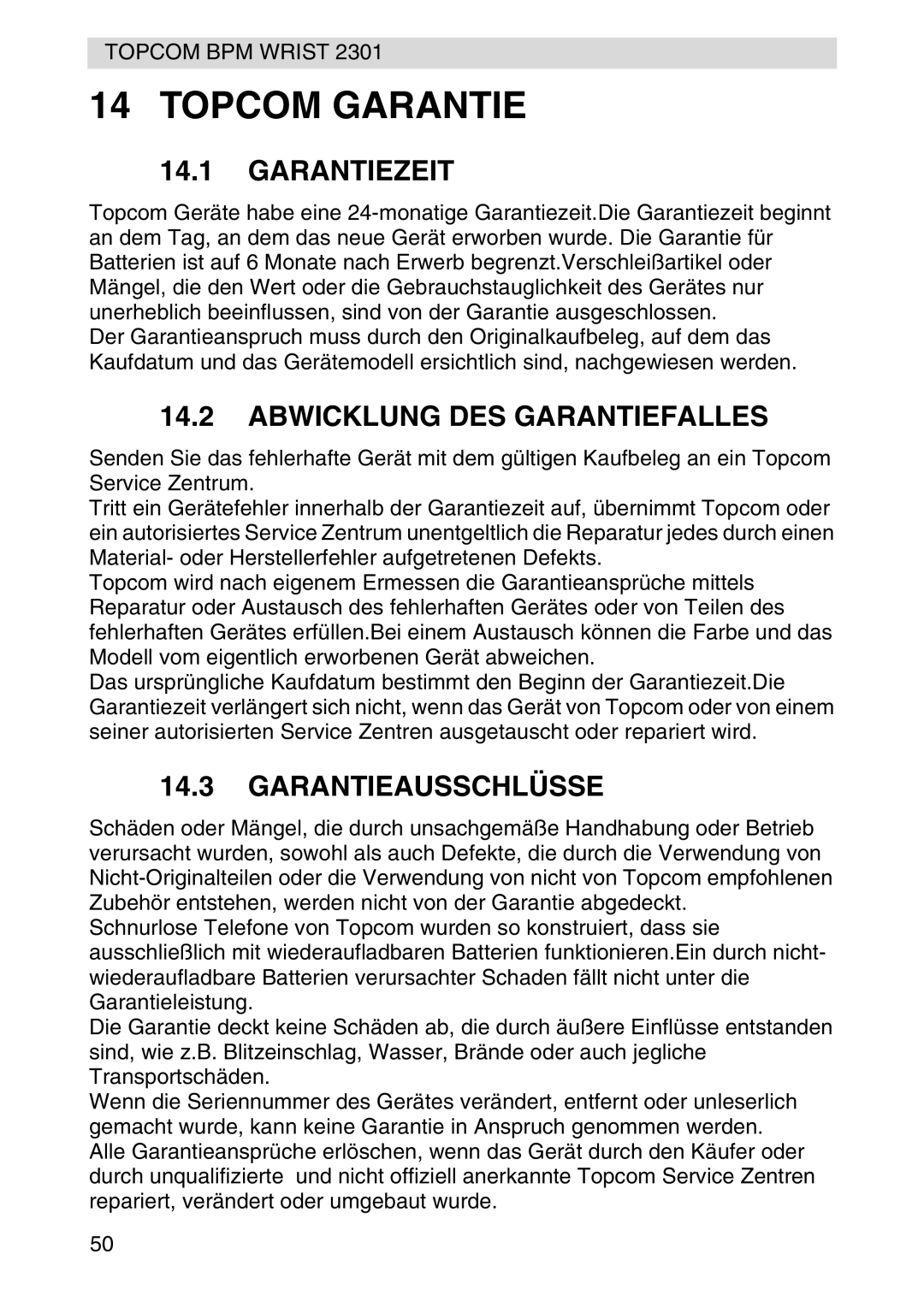 Topcom 2301 manual Garantiezeit, Abwicklung DES Garantiefalles, Garantieausschlüsse 