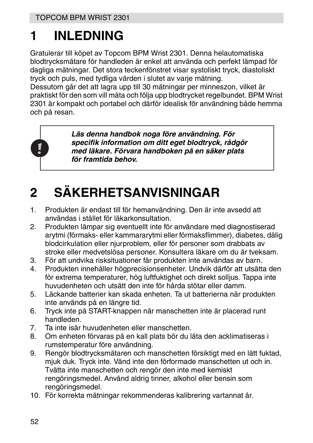 Topcom 2301 manual Inledning, Säkerhetsanvisningar 