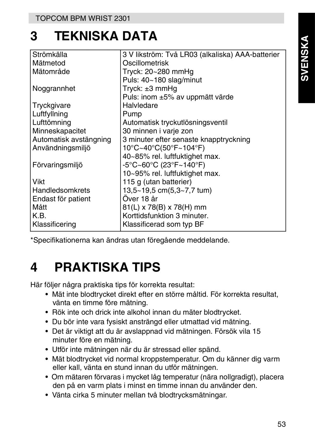 Topcom 2301 manual Tekniska Data, Praktiska Tips 