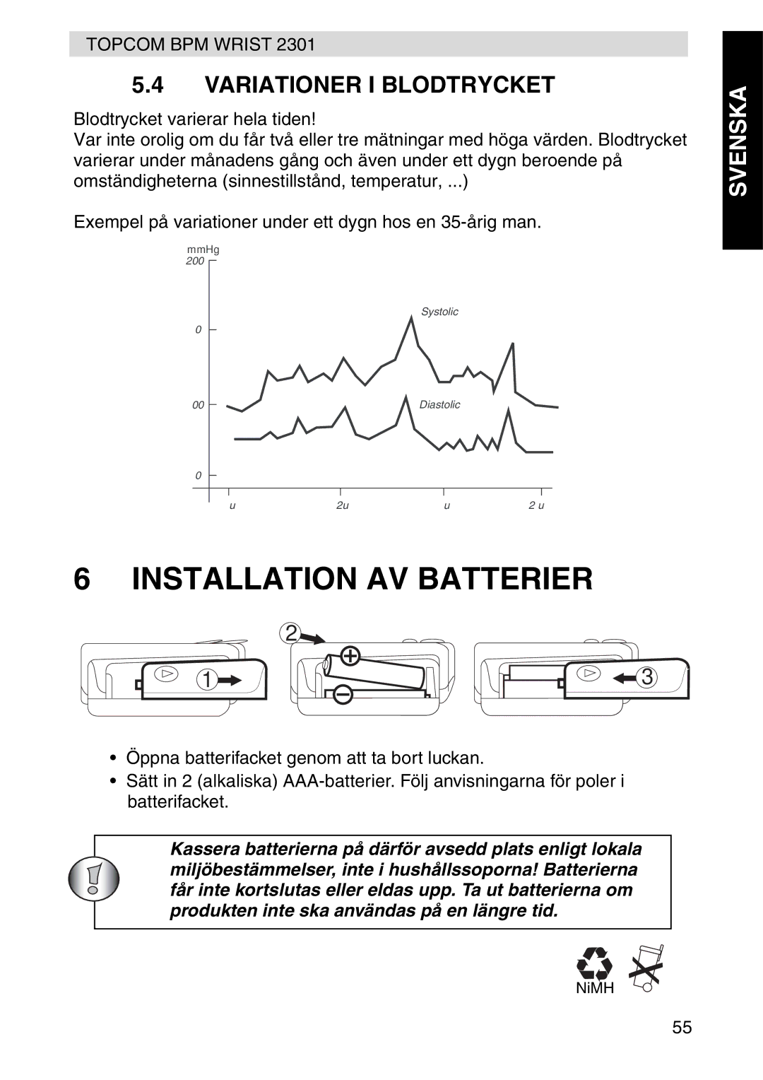 Topcom 2301 manual Installation AV Batterier, Variationer I Blodtrycket 