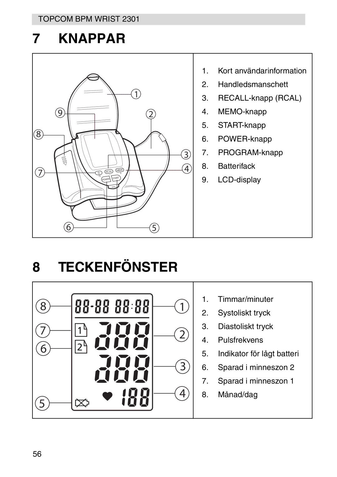 Topcom 2301 manual Knappar, Teckenfönster 