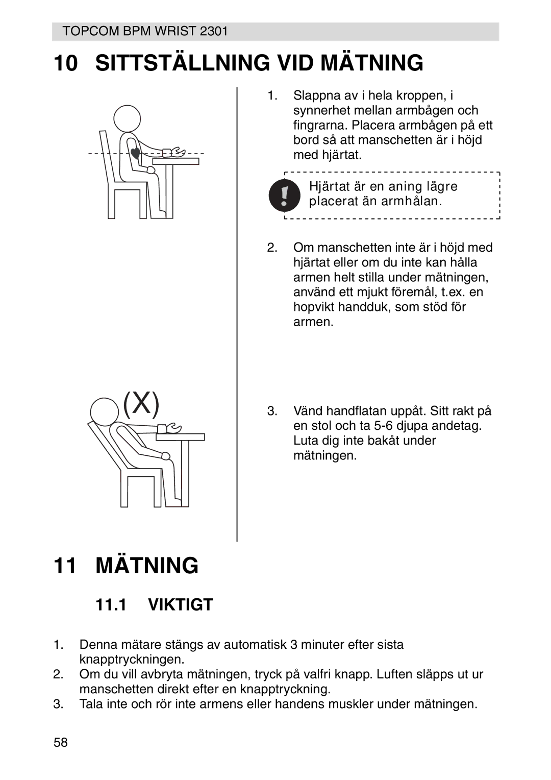 Topcom 2301 manual Sittställning VID Mätning, 11 Mätning, Viktigt 