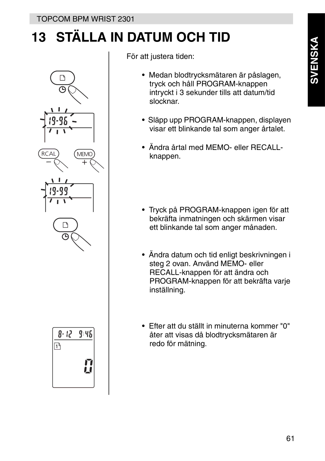 Topcom 2301 manual 13 Ställa in Datum OCH TID 