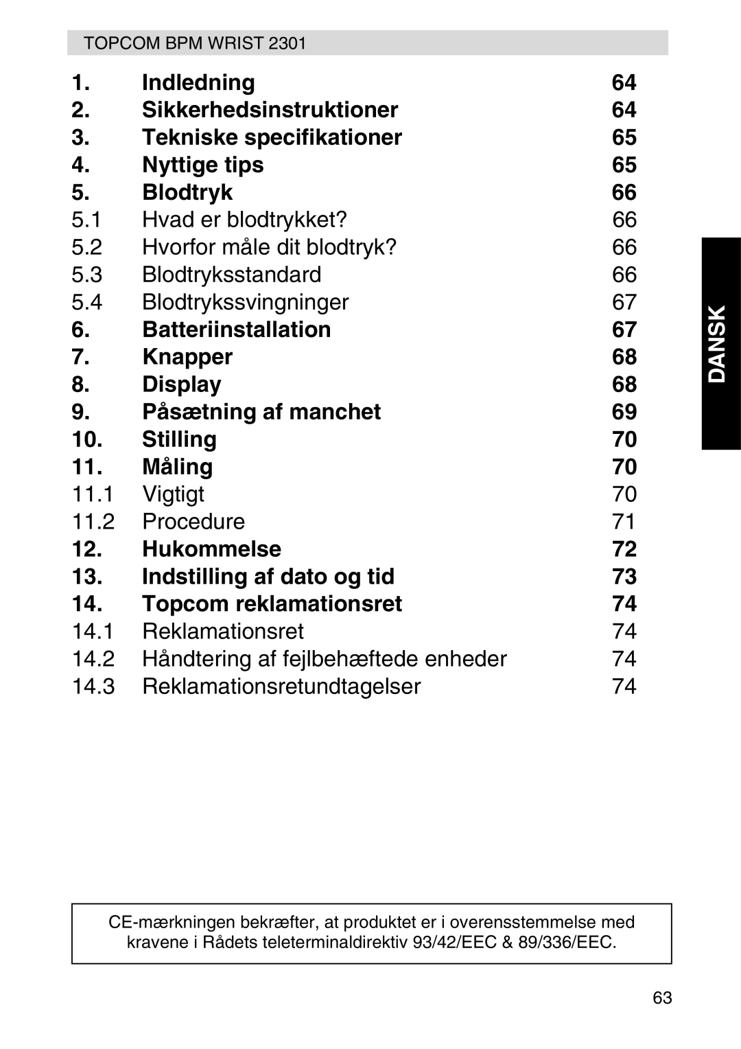 Topcom 2301 manual Hukommelse Indstilling af dato og tid Topcom reklamationsret 