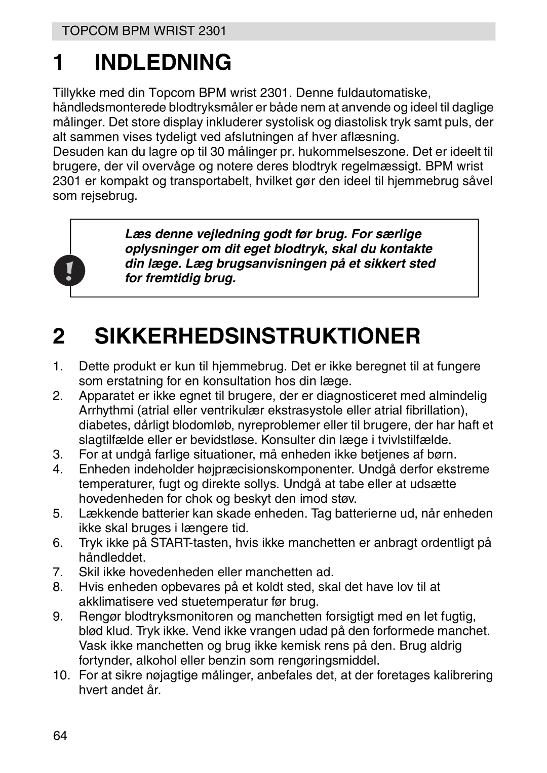 Topcom 2301 manual Indledning, Sikkerhedsinstruktioner 