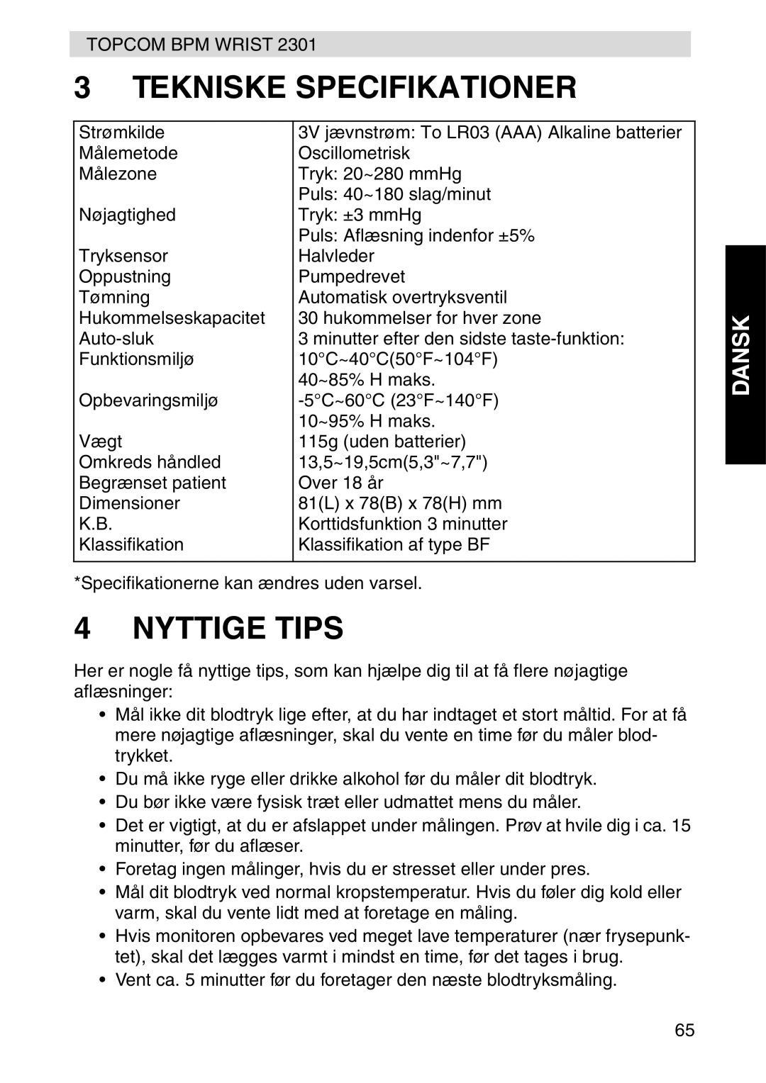 Topcom 2301 manual Tekniske Specifikationer, Nyttige Tips 