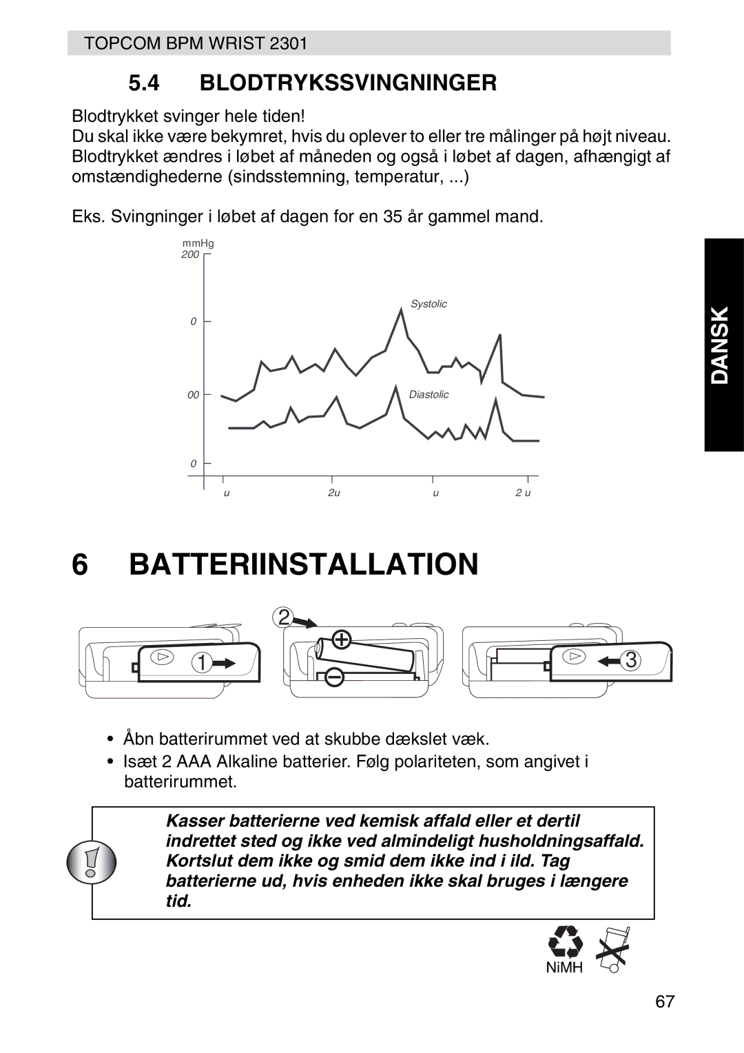 Topcom 2301 manual Batteriinstallation, Blodtrykssvingninger 