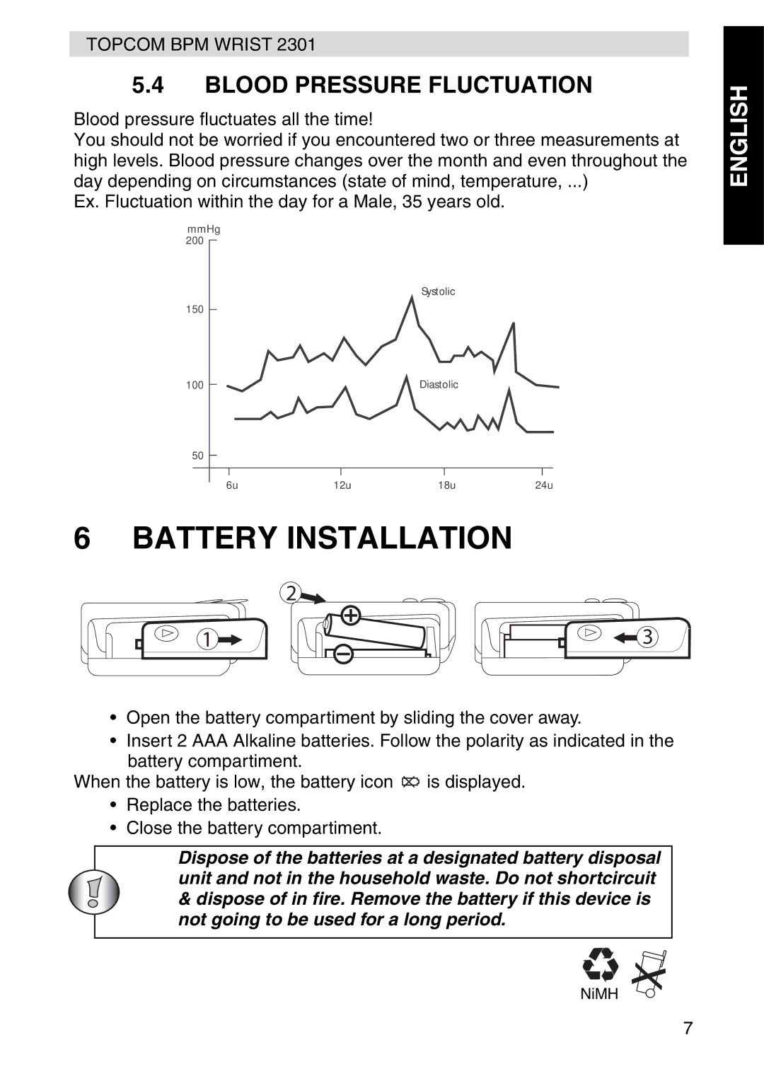 Topcom 2301 manual Battery Installation, Blood Pressure Fluctuation 